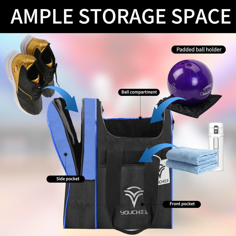 Yoochee Single Ball Bowling Tote Bag with Padded Ball Holder, Fits Bowling Shoes Up to Men’s Size 14, Durable Full-Size Bowling Bag with Accessory Pockets for Practice & League Play - Image 3